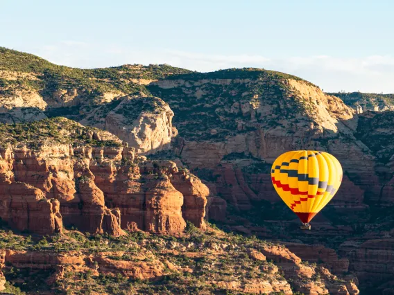 Hot air balloon over mountains