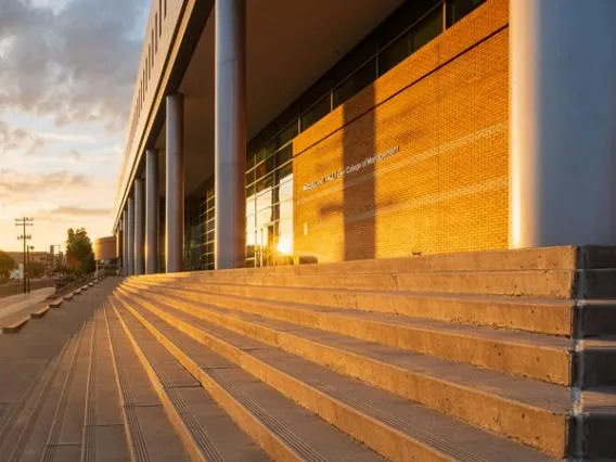 McClelland Hall steps at sunset