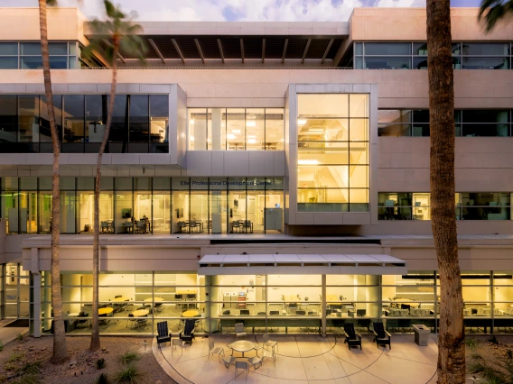 McClelland Hall courtyard all lit up at sunset