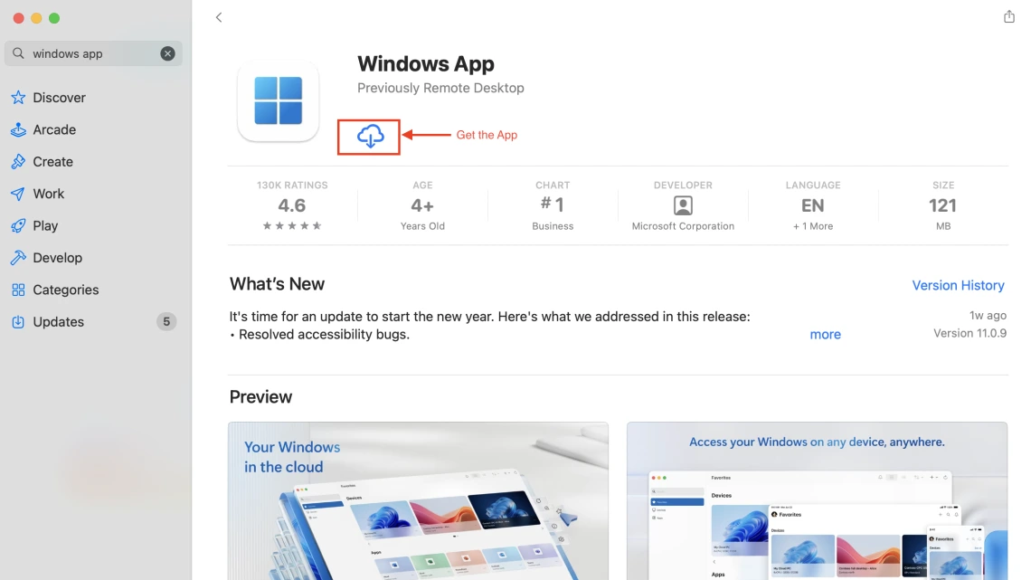 Install and open Microsoft's Windows App, approving requests and granting permissions as needed.