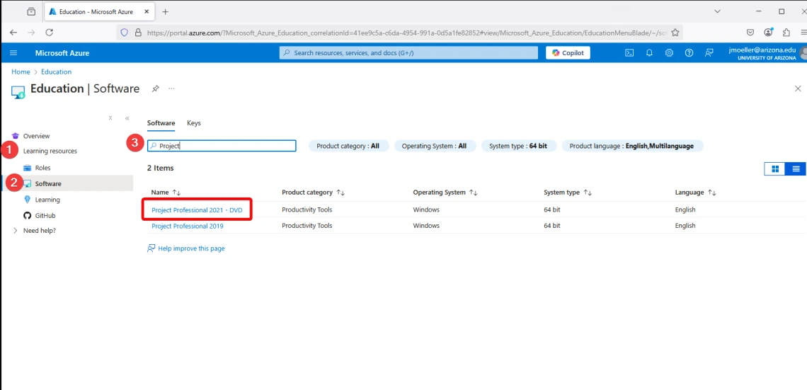 Screen shot showing steps to click on Learning resources, then Software, in the left-hand navigation pane. Then, search for "Project" in the search bar, then click on Project Professional 2021.