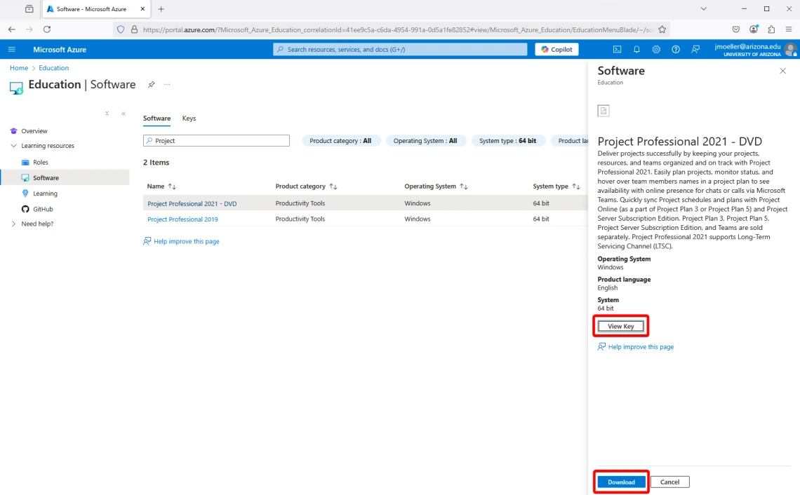 A screenshot showing clicking on Reveal Key to show the Product Key, and clicking on Download to begin the Project installer download.