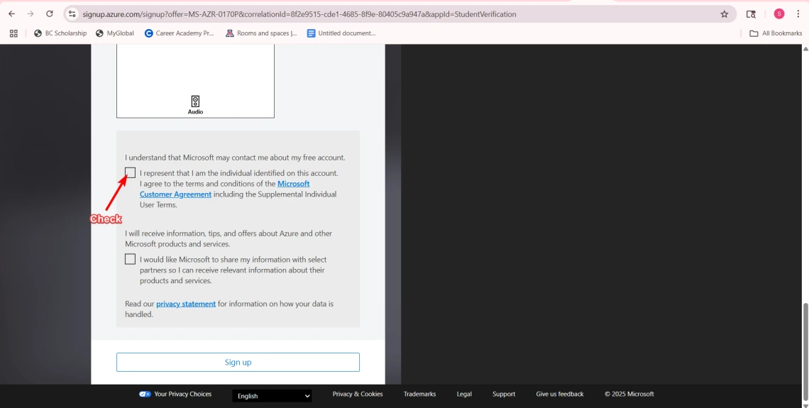 Image showing the Azure for Students sign up form's address CAPCHAs, and the checkbox that must be checked to proceed with account creation. 