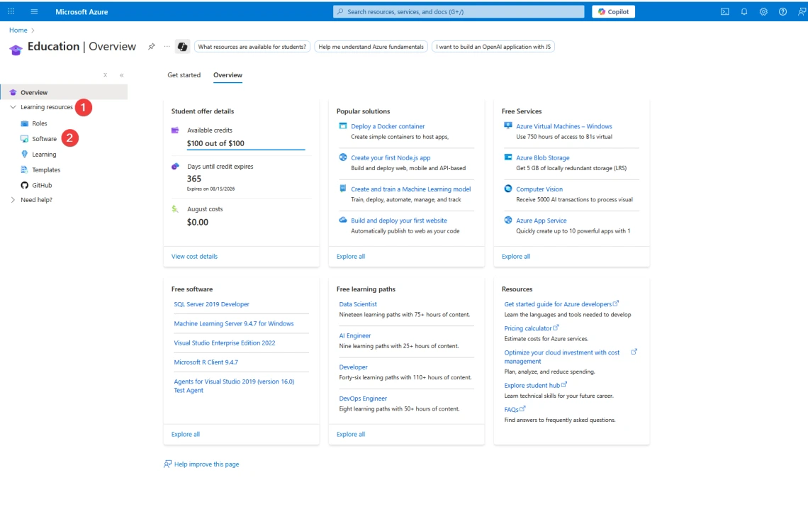 Screenshot showing the Azure for Students Education Overview webpage.