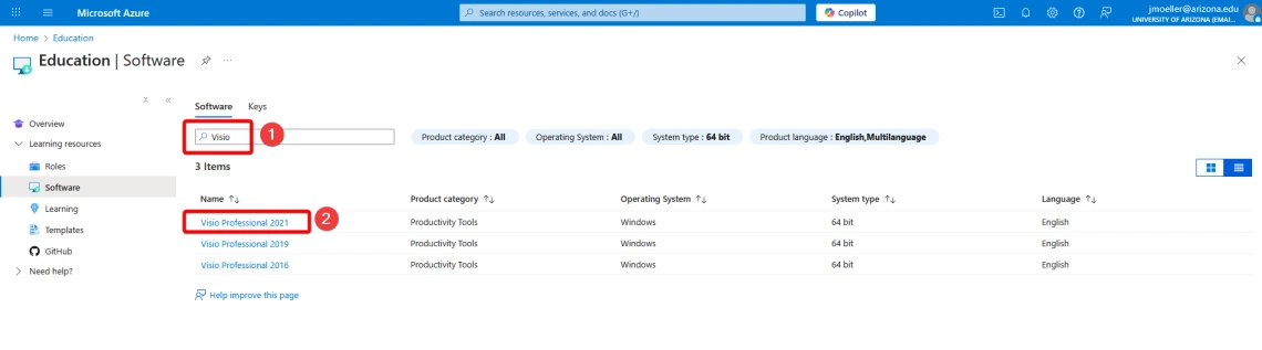 Screenshot showing search box and download link for Microsoft Visio 2021