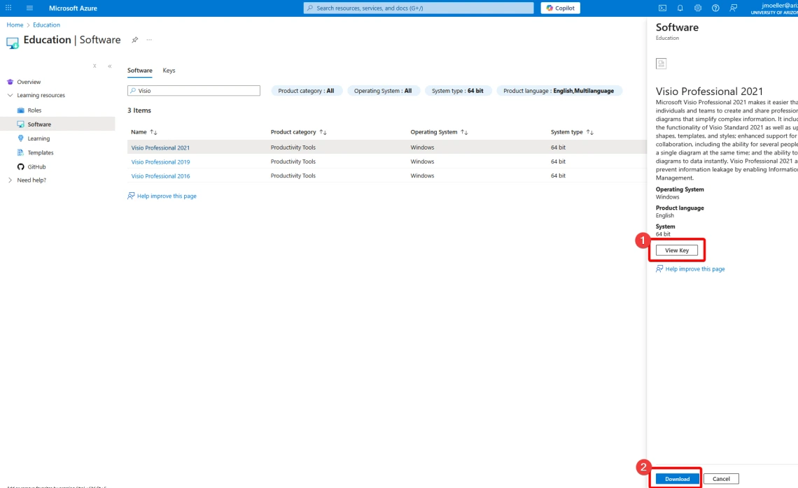 Screenshot showing the Microsoft Visio Product Key viewing button and the download button