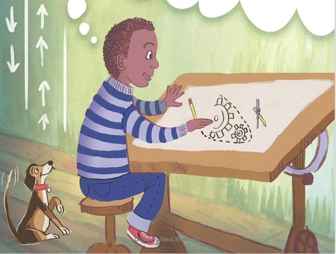Illustration of a boy drawing an invention
