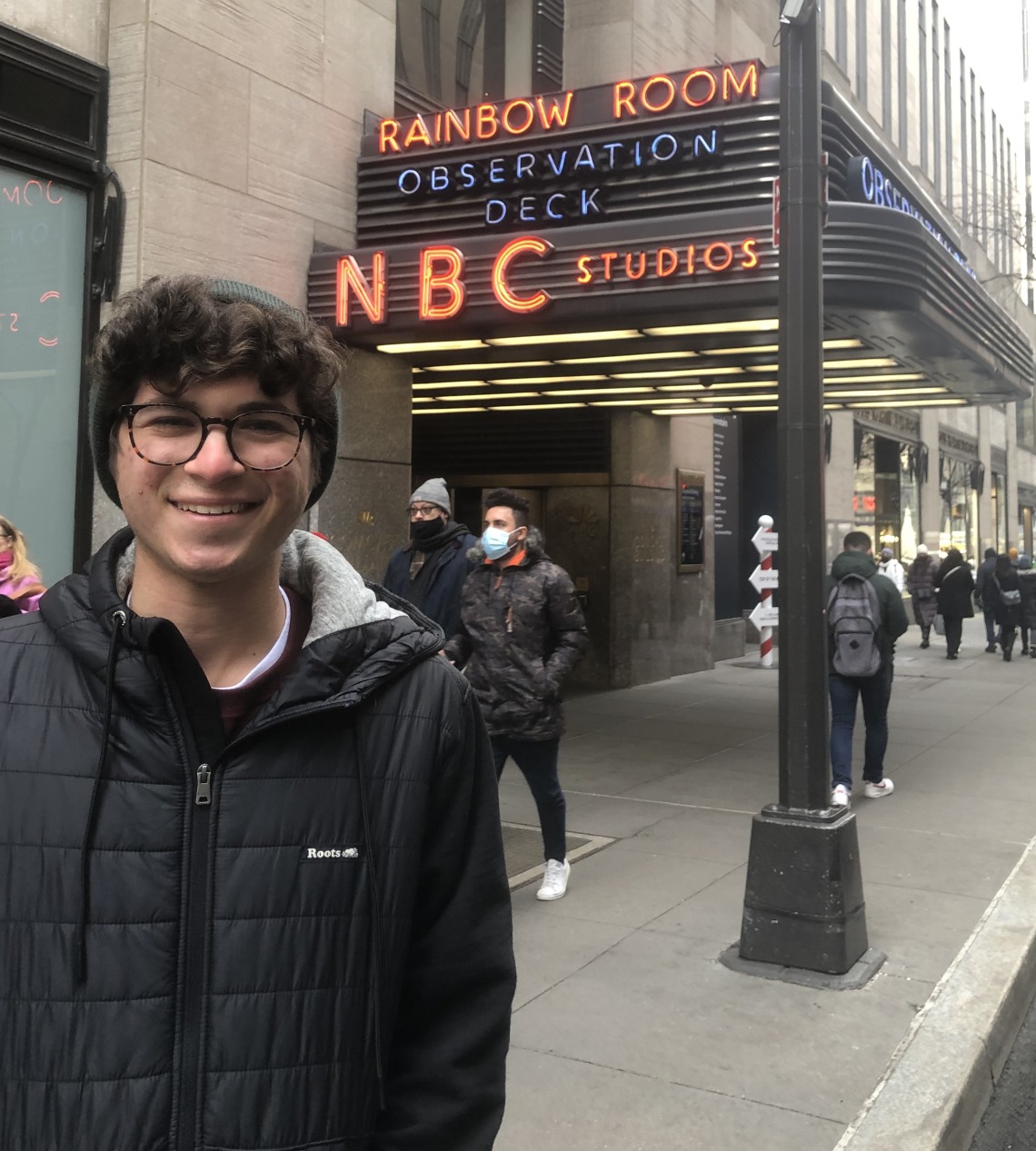 Jackson Freed standing in front of Rainbow Room Observation Deck at NBC Studios.