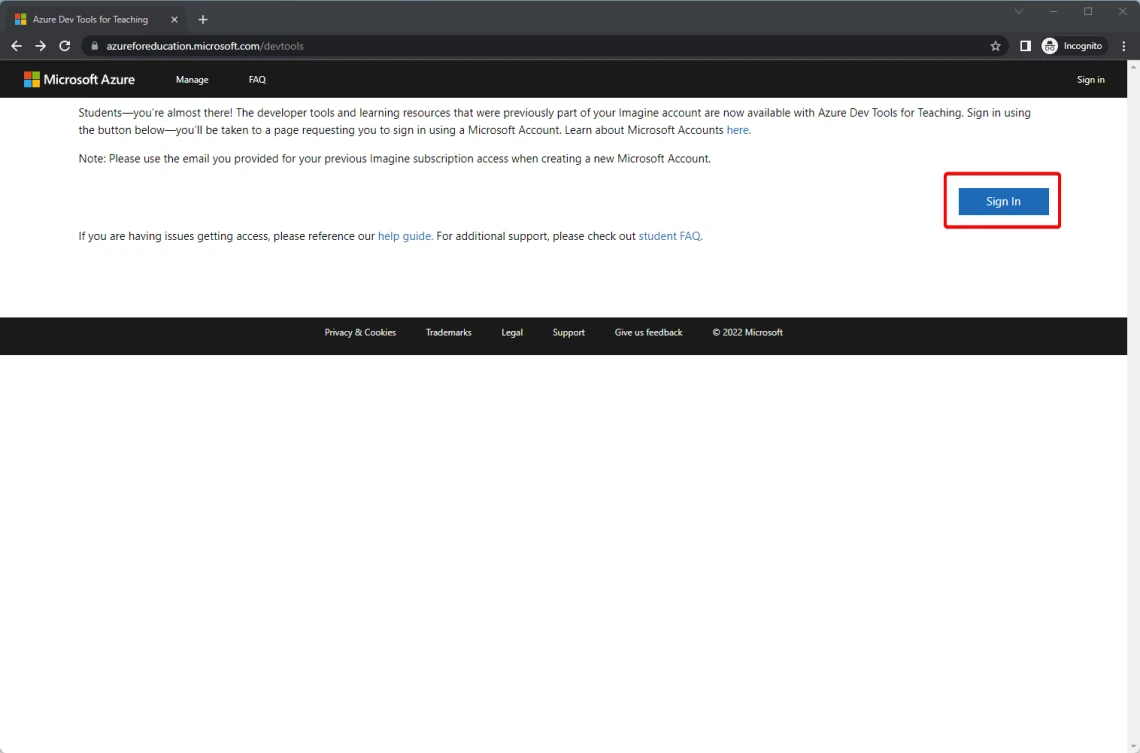 Microsoft Azure Dev Tools for Teaching landing page. Click on the sign-in button to proceed. Microsoft Azure Dev Tools for Teaching landing page. Click on the sign-in button to proceed.