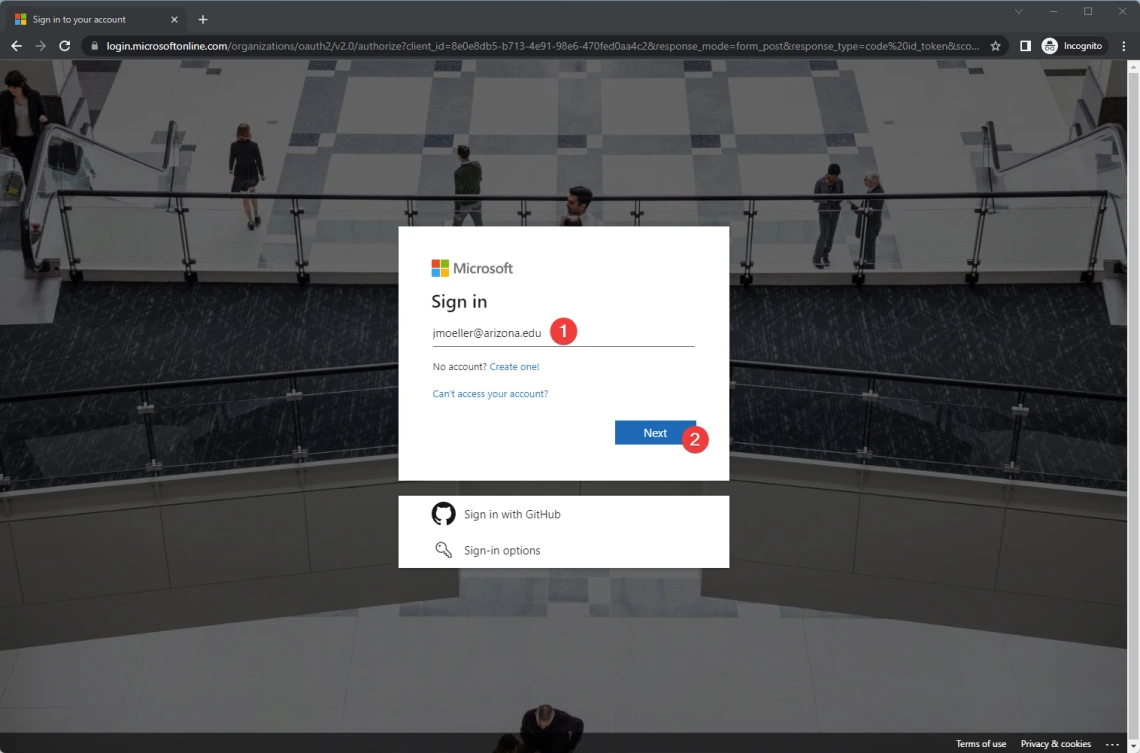Microsoft sign-in page. Input your UA account and then click next. Microsoft sign-in page. Input your UA account and then click next.