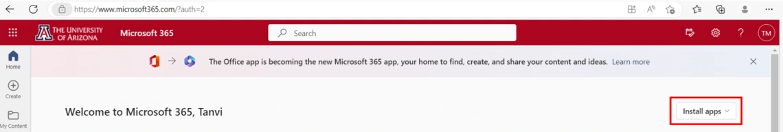 Screenshot shows a student clicking on the "Install Apps" button from the Microsoft 365 portal. Screenshot shows a student clicking on the "Install Apps" button from the Microsoft 365 portal.