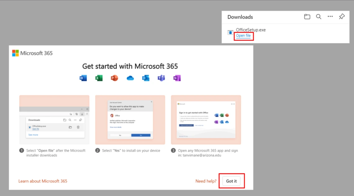 Screenshot shows a student opening the Office installer file from their browser Screenshot shows a student opening the Office installer file from their browser