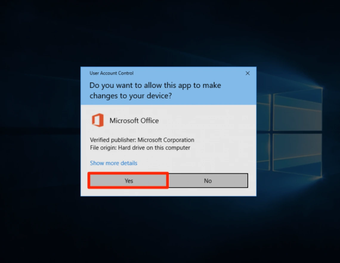 Screen shows a student clicking Yes on a User Account Control prompt to allow the Office 365 installer to make changes to the system. Screen shows a student clicking Yes on a User Account Control prompt to allow the Office 365 installer to make changes to the system.