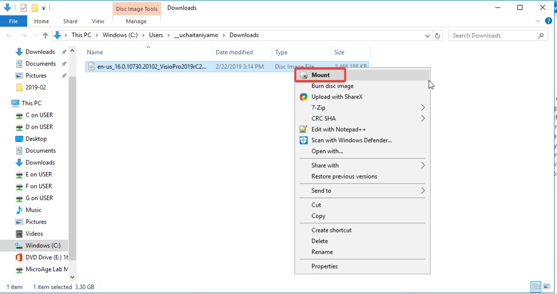 Open file and select mount Open file and select mount