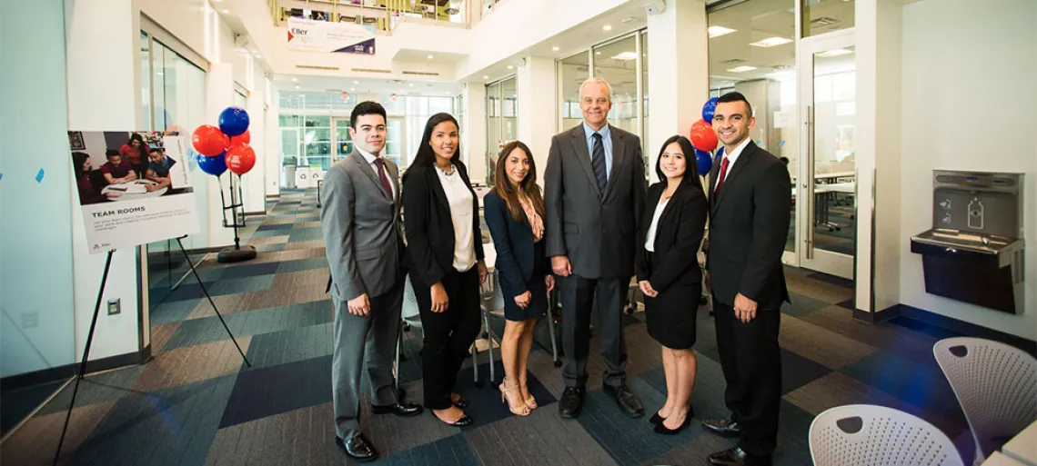 Eller Dean Paulo Goes with students in the new Eller Professional Development Center