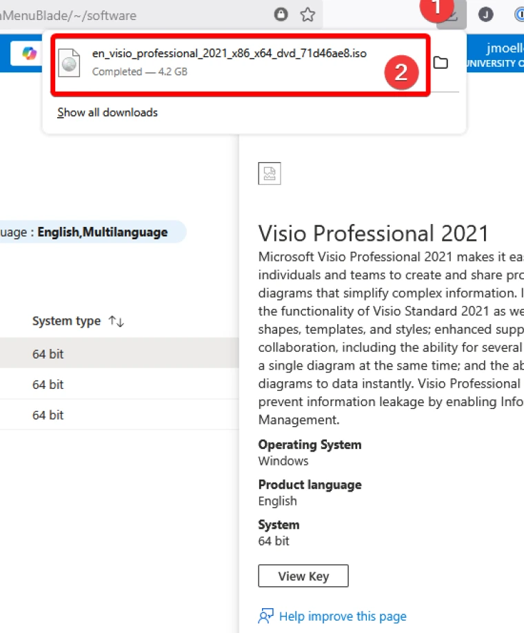 Screenshot showing the Downloads area of a web browser, and the Visio installer we just downloaded in the previous step. 