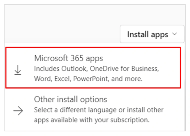 Screenshot shows a student clicking on the Microsoft 365 apps button to begin their download. Screenshot shows a student clicking on the Microsoft 365 apps button to begin their download.