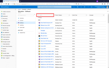 Azure Dev Tools software page. Use the Search bar to quickly find the software titles you need.