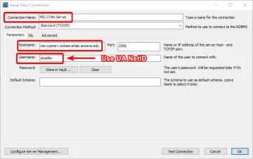 Connection parameters to use for connecting to the CYAN server from MySQL Workbench