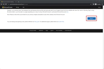 Microsoft Azure Dev Tools for Teaching landing page. Click on the sign-in button to proceed.