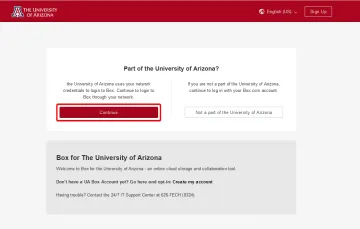 Click continue on the UA@Box site to proceed with NetID login. Click continue on the UA@Box site to proceed with NetID login.