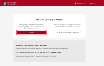 Click continue on the UA@Box site to proceed with NetID login.