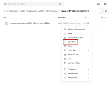 On UA@Box, in the MS Project installer file's context menu, choose Download. On UA@Box, in the MS Project installer file's context menu, choose Download.