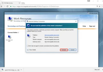 Click Connect to continue with remote desktop connection. Remote Desktop Connection window prompting you to continue.