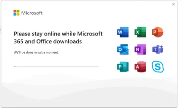 Screenshot shows the Microsoft 365 and Office installer running. Screenshot shows the Microsoft 365 and Office installer running.