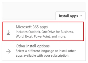 Screenshot shows a student clicking on the Microsoft 365 apps button to begin their download. 