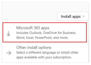 Screenshot shows a student clicking on the Microsoft 365 apps button to begin their download. 