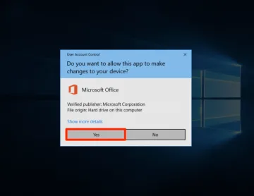 Screen shows a student clicking Yes on a User Account Control prompt to allow the Office 365 installer to make changes to the system.