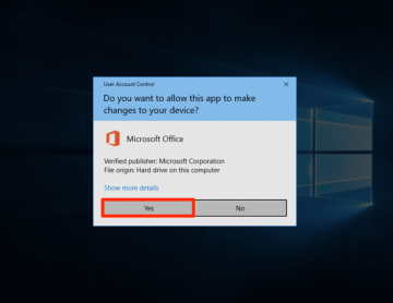 Screen shows a student clicking Yes on a User Account Control prompt to allow the Office 365 installer to make changes to the system.