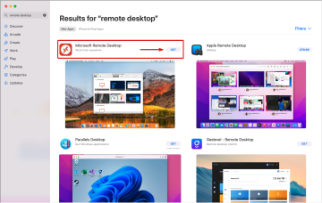Image shows a search in the Apple App Store for the Microsoft Remote Desktop app. Click the Get icon to begin installation.