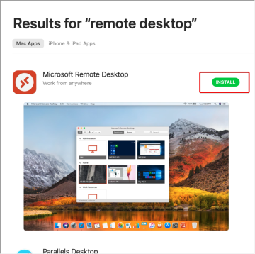 Screenshot of Apple App's store's search and selection of Microsoft Remote Desktop. Click on the Install button to proceed with installation.