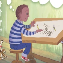 Illustration of a boy drawing an invention